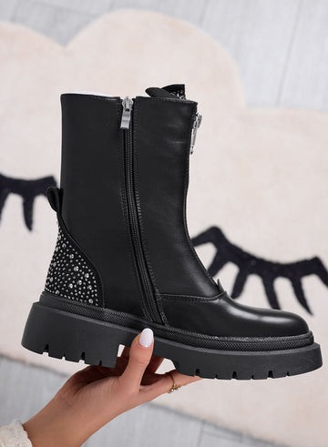 ISIDORA - Black ankle boots with back zipper and rhinestones