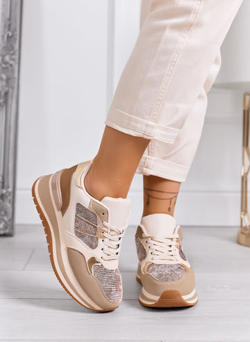 ISOTTA - Sneakers beige con dettagli glitter oro e zeppa