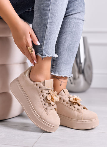 ORNELLA - Beige Platform Loafer Sneakers with Fringes and Beads