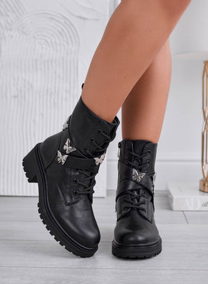 IVON - Black combat ankle boots with silver butterflies