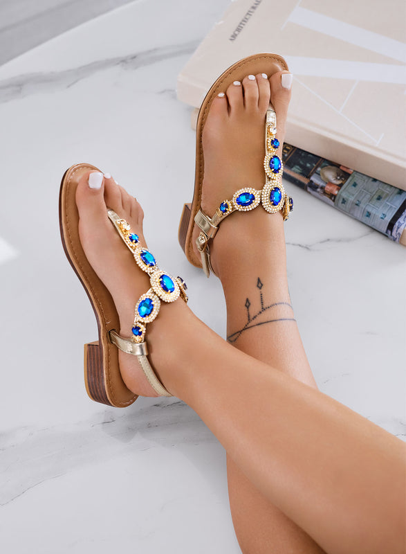JACKIE - Sandali gioiello bassi oro con pietre blu a T