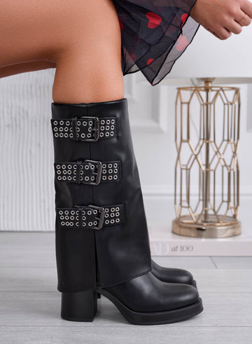JAIMEE - Black biker boots with buckles and comfortable heel