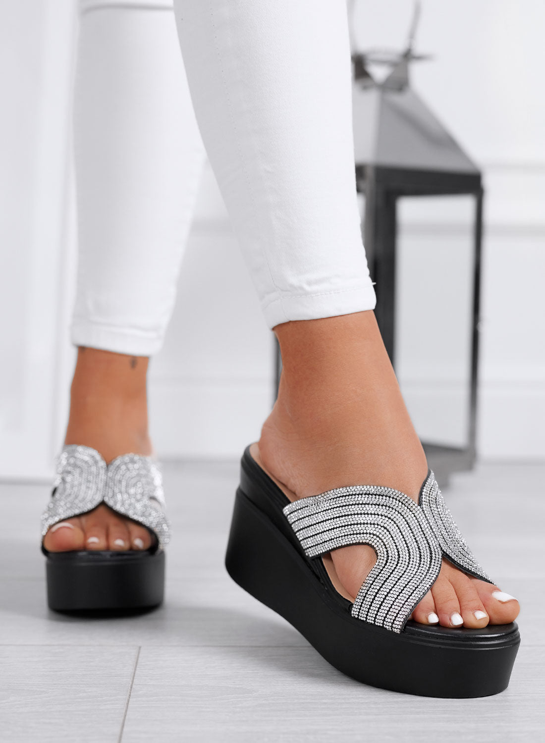 JAMES - Black women's wedge mules with rhinestones