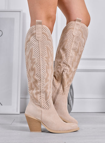 JANINE - Beige Perforated High Texan Boots with Medium Heel