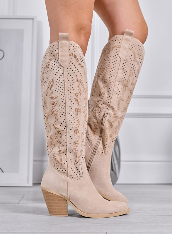 JANINE - Beige Perforated High Texan Boots with Medium Heel