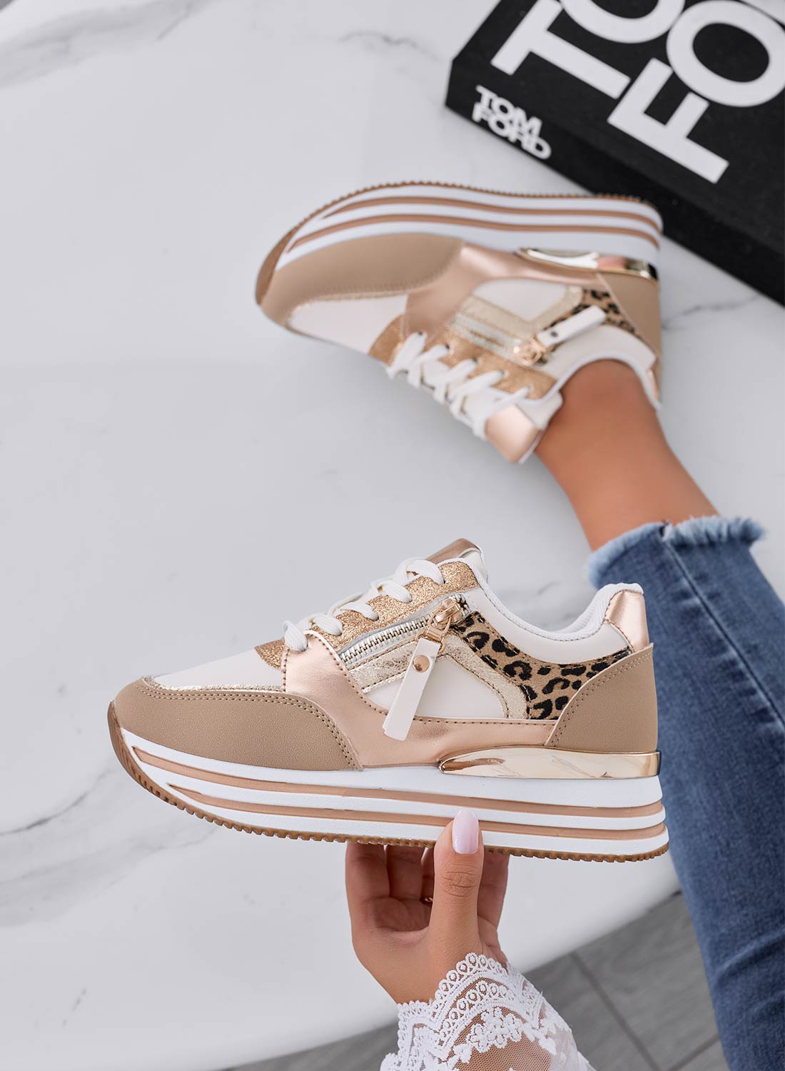 JANNY - Beige sneakers with gold laminated and animal print inserts