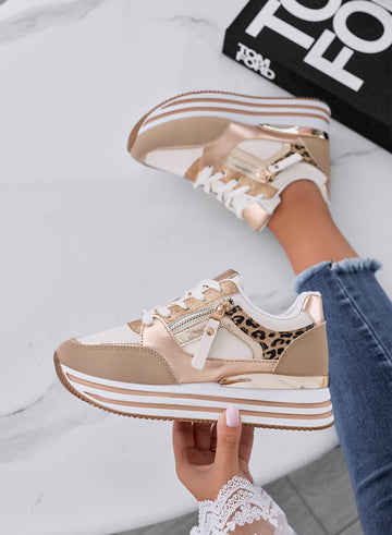 JANNY - Beige sneakers with gold laminated and animal print inserts