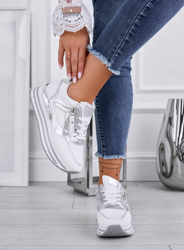 JANNY - White sneakers with silver laminated inserts