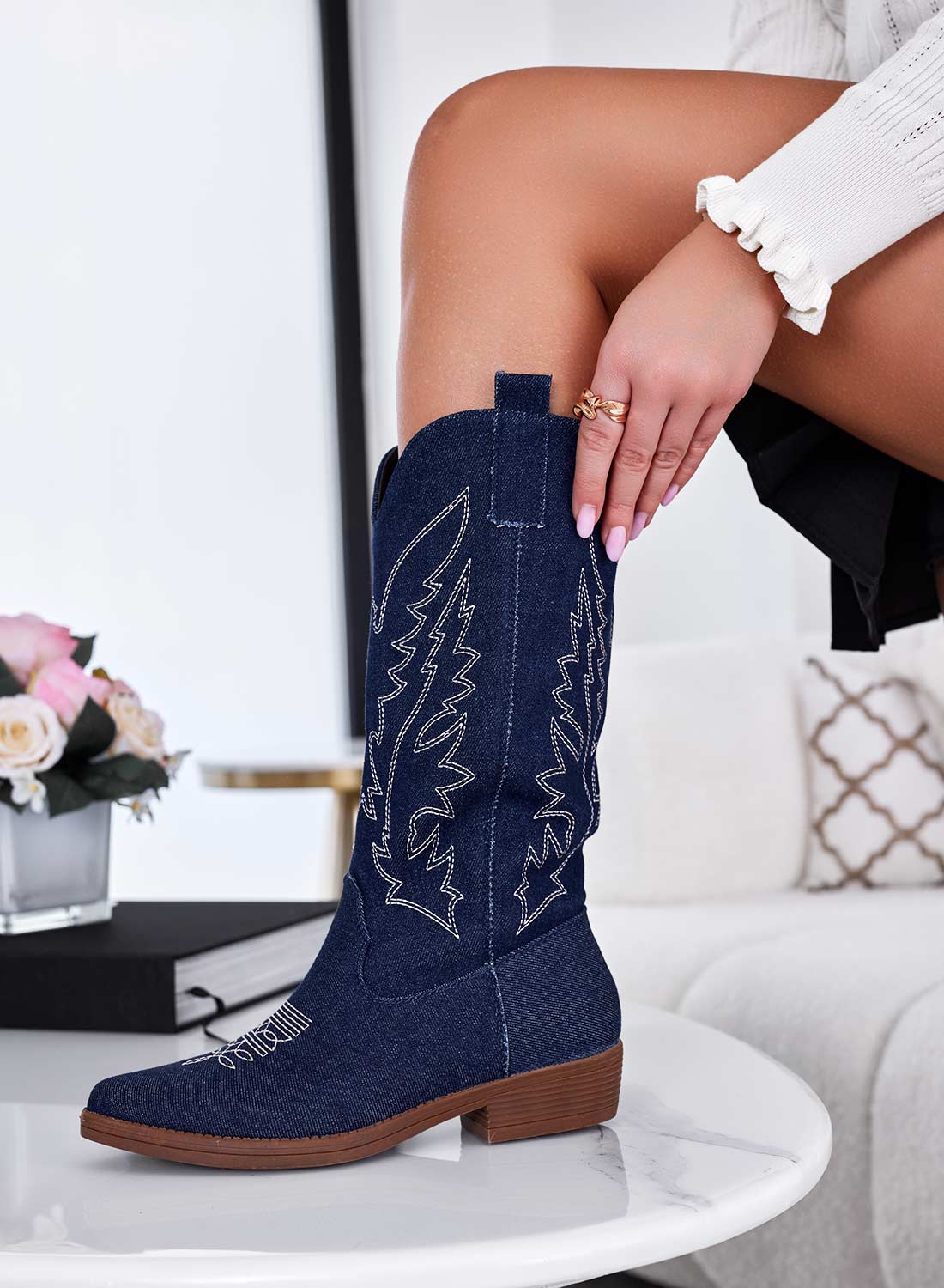 JENNIE - Blue denim camperos ankle boots with embroidery