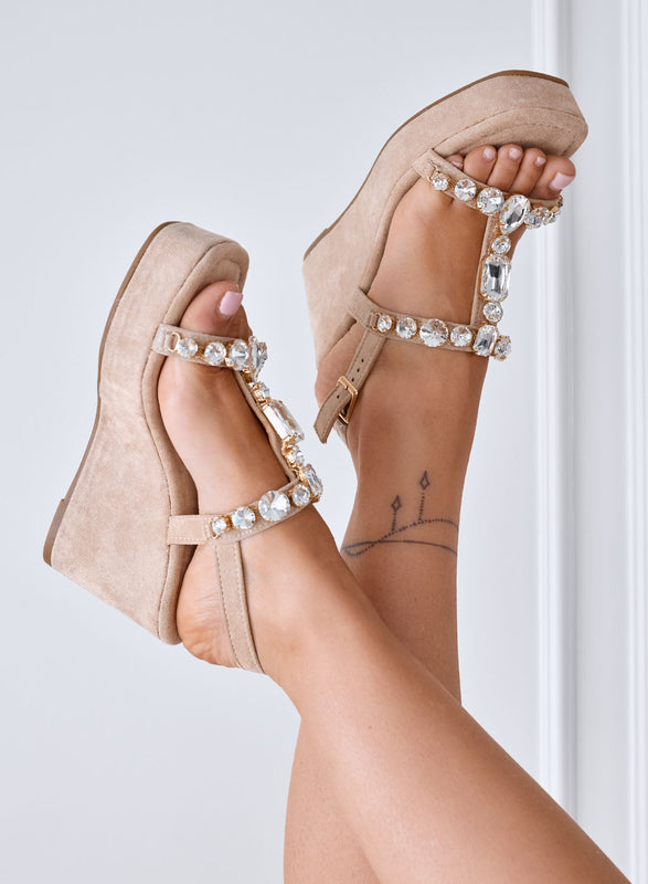 JENNIFER - Beige jeweled wedge sandals