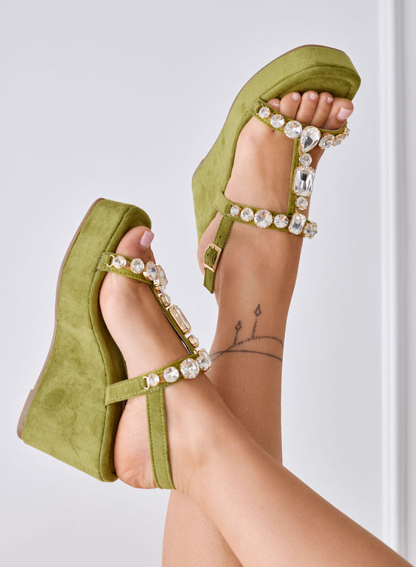 JENNIFER - Green jeweled wedge sandals