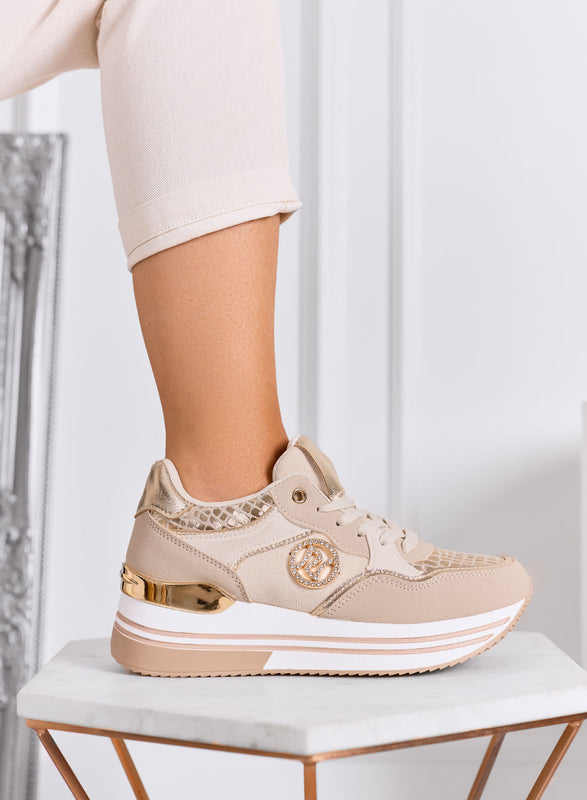 JENNY - Sneakers beige con zeppa e dettagli metallizzati