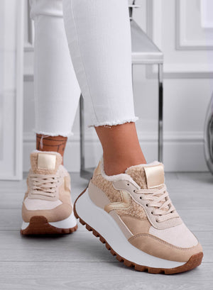 JORAS - Beige sneakers with faux fur inserts