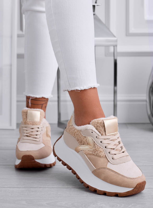 JORAS - Sneakers beige con inserti in ecopelliccia