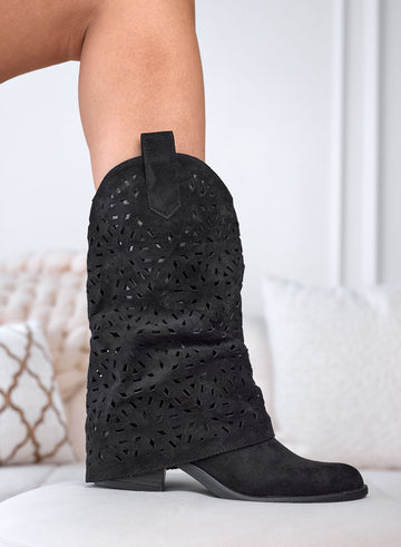 JULY - Stivaletti camperos neri scamosciati traforati con risvolto