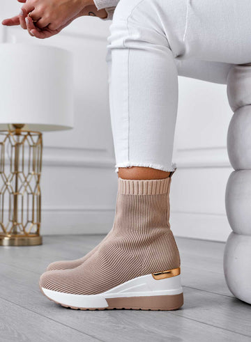 JUNA - Beige ankle boots in stretch fabric with wedge heel