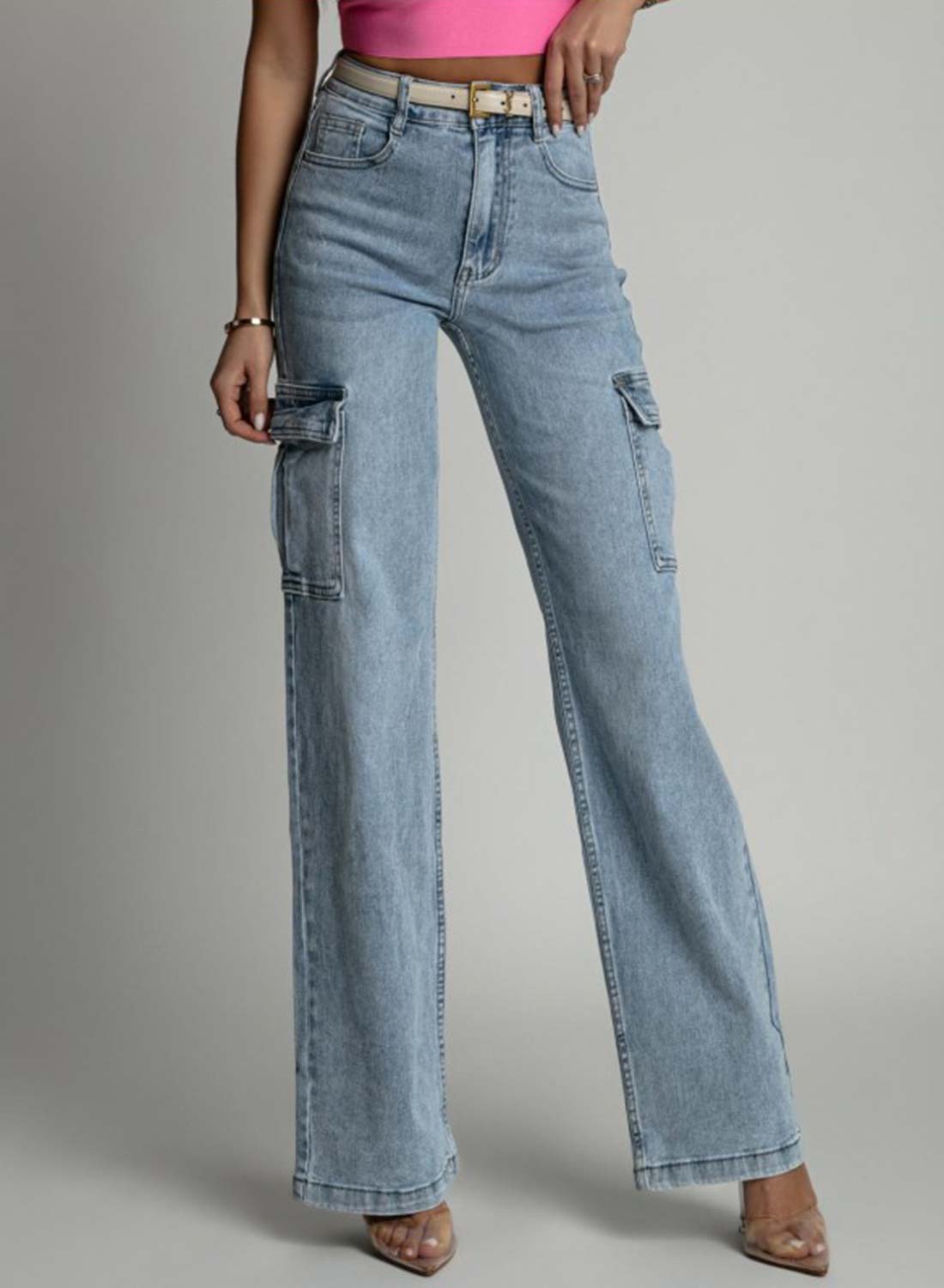 Jeans blu a palazzo con tasche laterali