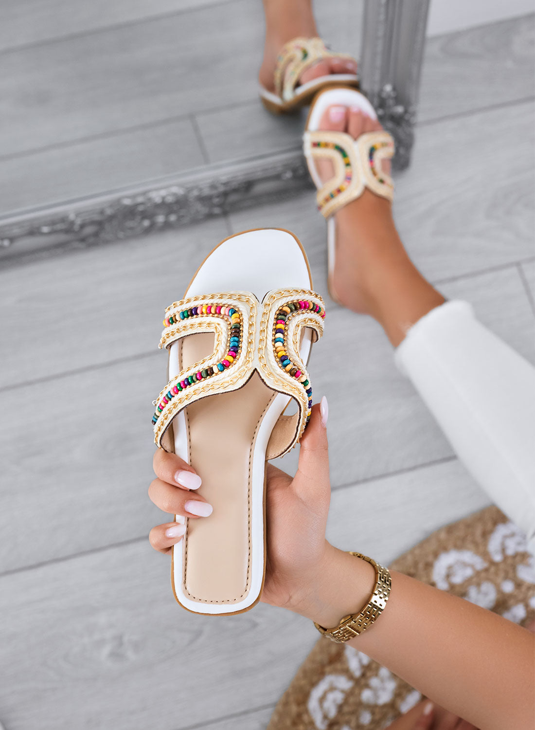 KARMEN - White sandals Flat slippers with multicolor beads and golden details