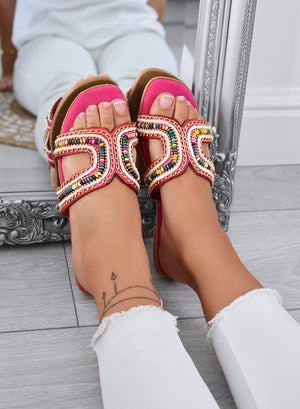 KARMEN - Fuchsia sandals Flat slippers with multicolor beads and golden details