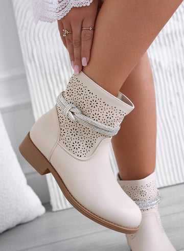 KATE - Beige perforated ankle boots with jeweled band