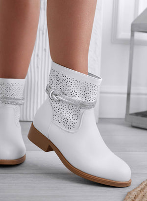 KATE - White perforated ankle boots with jeweled strap