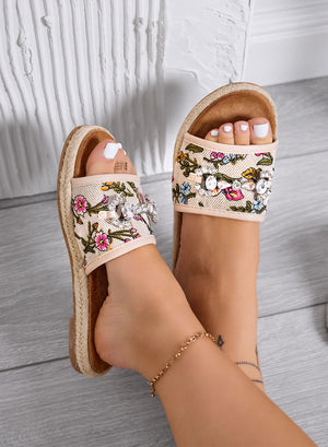 KATIA - Beige sandals Slippers with floral print and jeweled stones