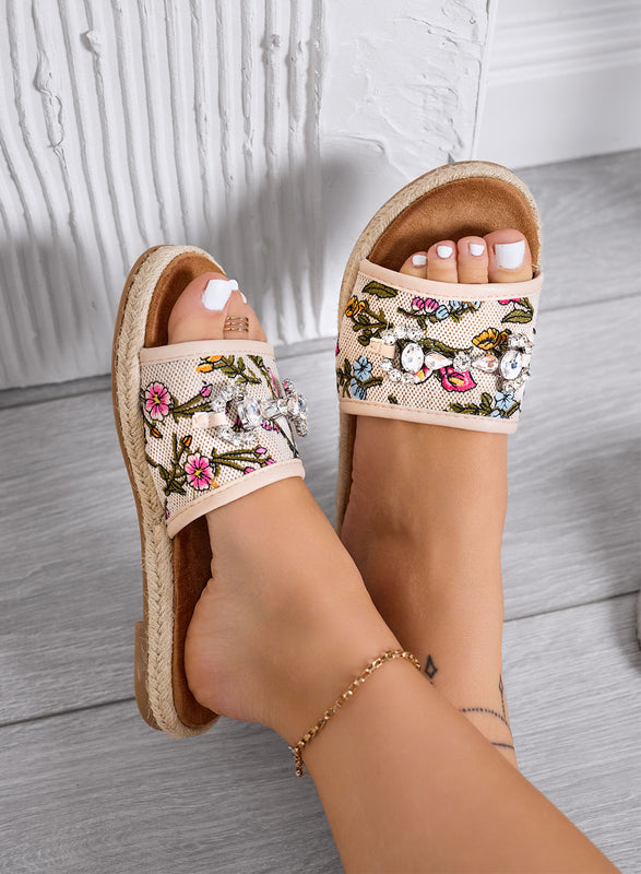 KATIA - Sandali beige Ciabatte con stampa floreale e pietre gioiello