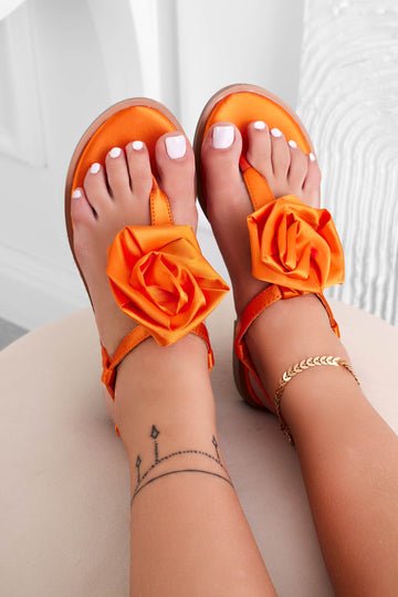 KETA - Orange satin thong sandals with flower
