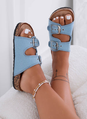 KETTY - Blue fabric slide sandals with buckles