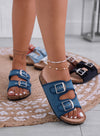 KETTY - Sandali ciabatte blu in tessuto con fibbie