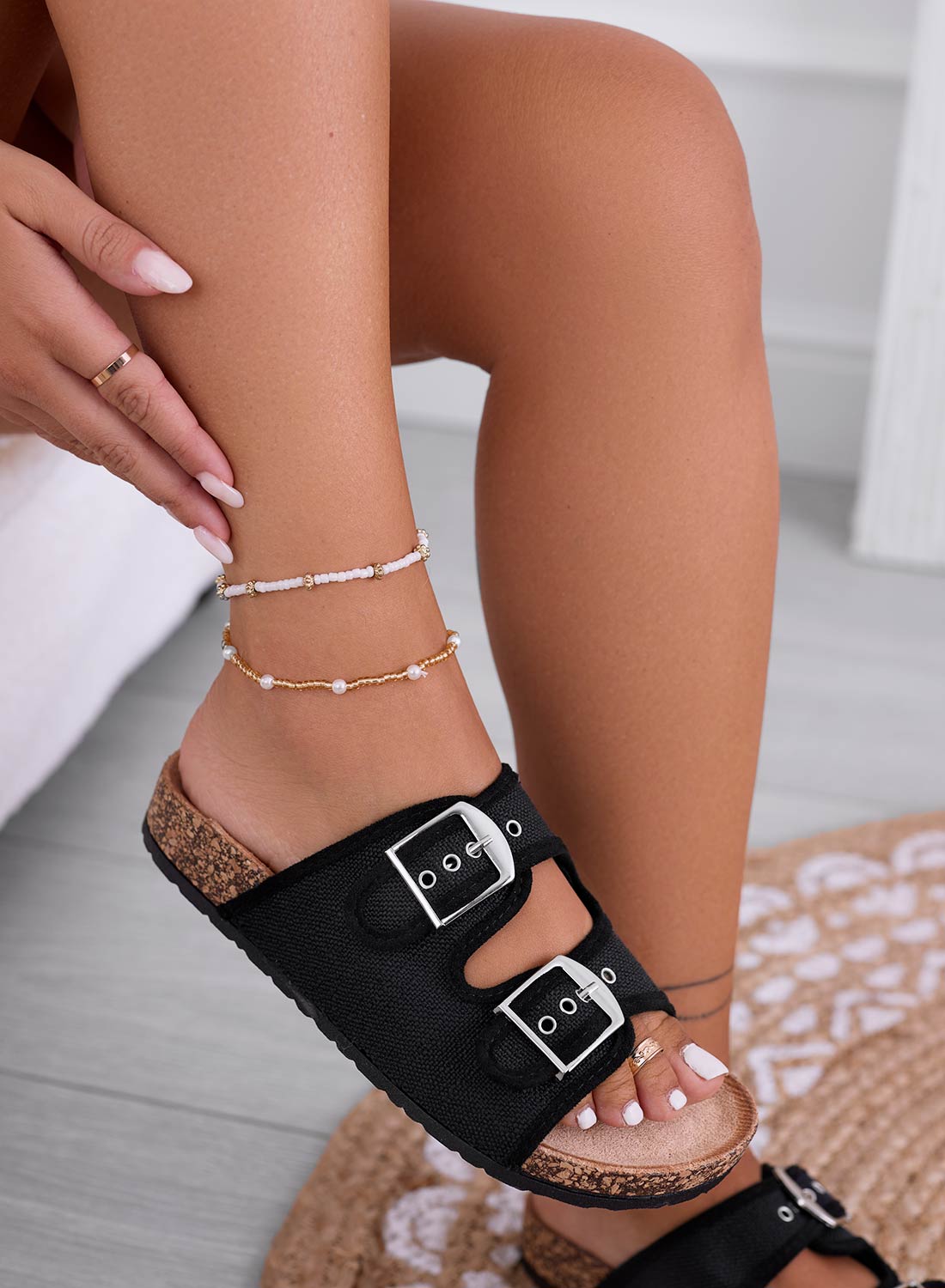 KETTY - Black fabric slide sandals with buckles