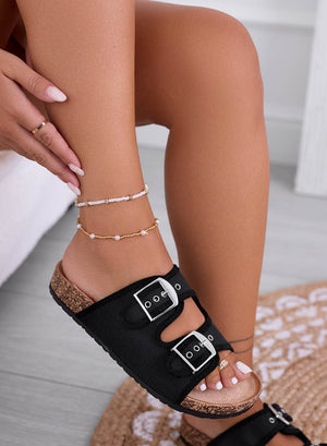 KETTY - Black fabric slide sandals with buckles