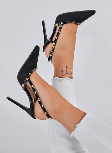 KIMM - Black Slingback Pumps with Gold Studs and High Heel