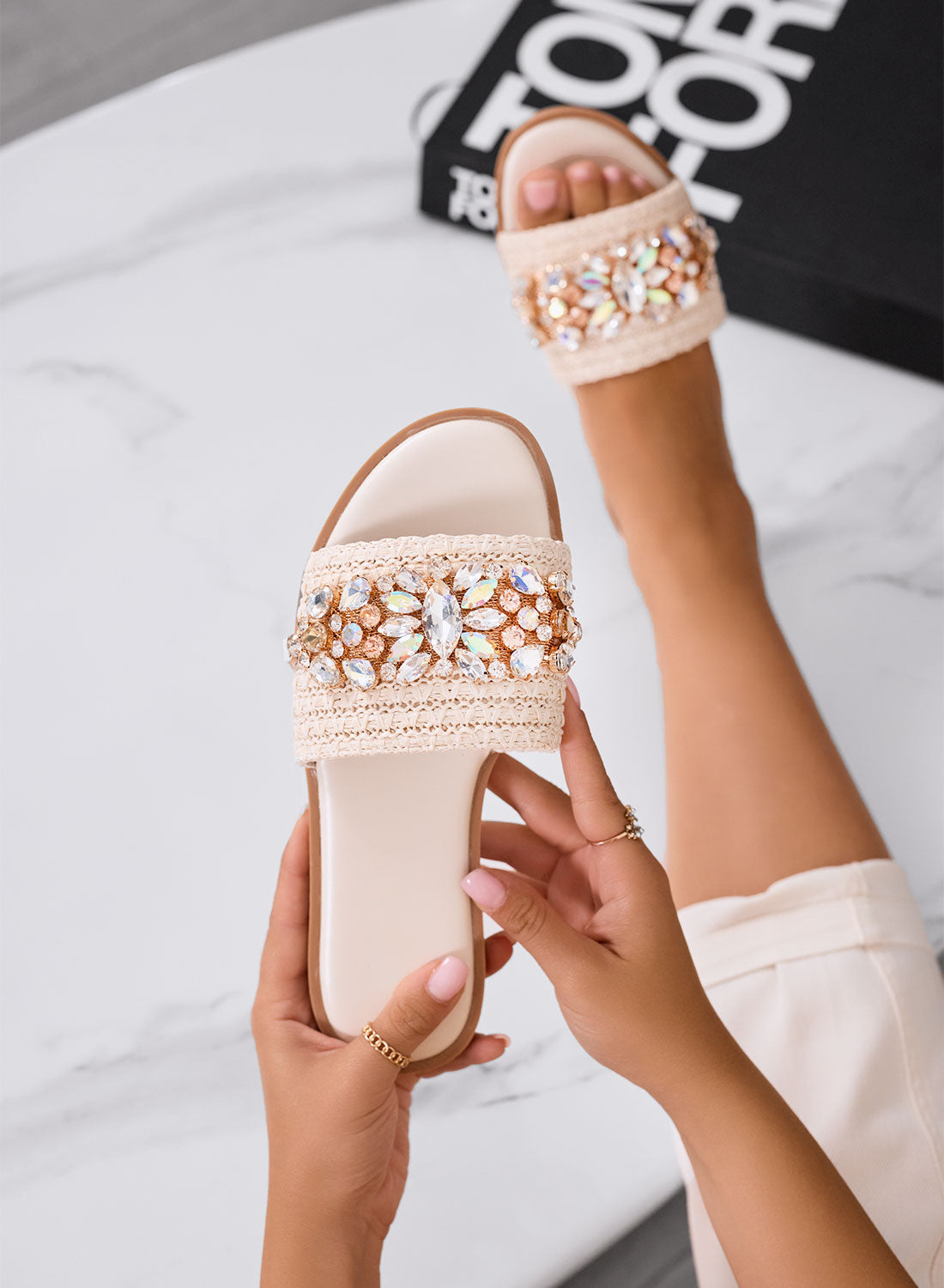 KRISTEN - Beige sandals slippers with crochet band and maxi rhinestones