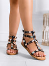 LAILA - Sandali gladiator neri con gemme colorate e cinturini multipli