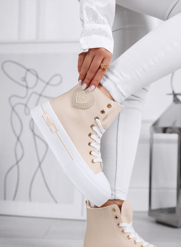 LARA - Beige high-top sneakers with platform sole and heart detail