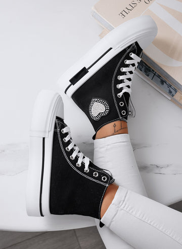 LARA - Black high-top sneakers with platform sole and heart applique