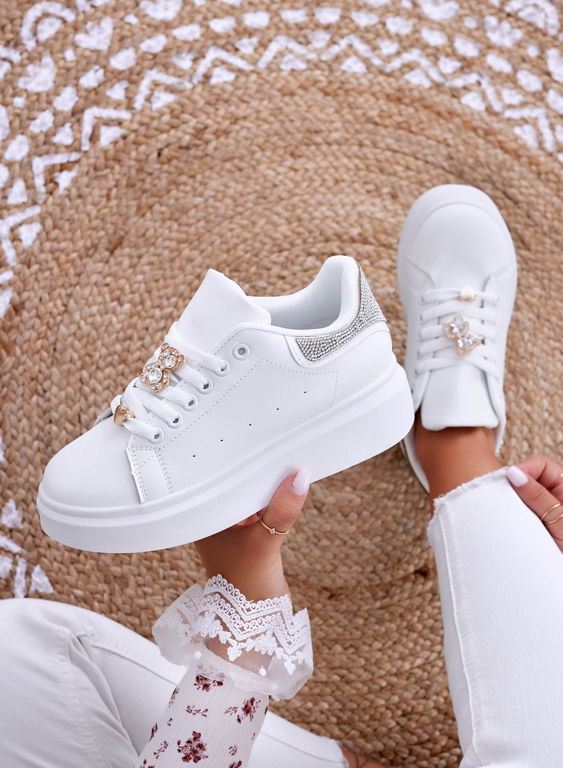White sneakers with jewel appliqué and silver rhinestone heel