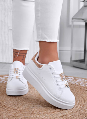 White sneakers with jewel appliqué and rose gold rhinestone heel