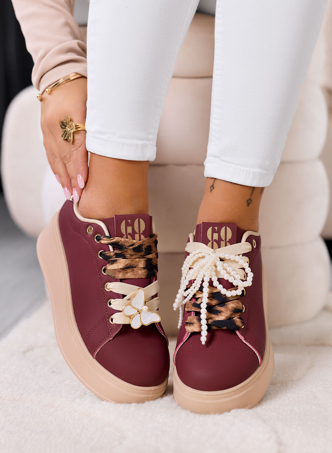 LAURA - Burgundy platform sneakers with animal print laces and jewel details
