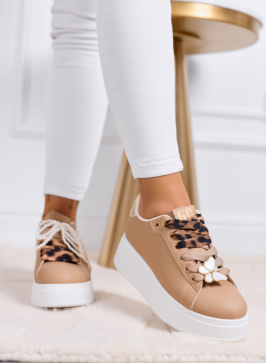 LAURA - Mud platform sneakers with animal print laces and jewel details