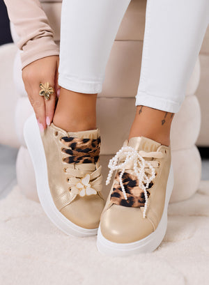 LAURA - Gold platform sneakers with animal print laces and jewel details