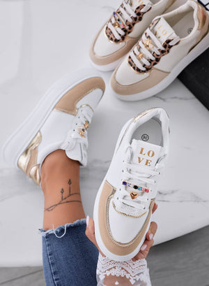 LAUREL - White sneakers with beige inserts and jewel applications