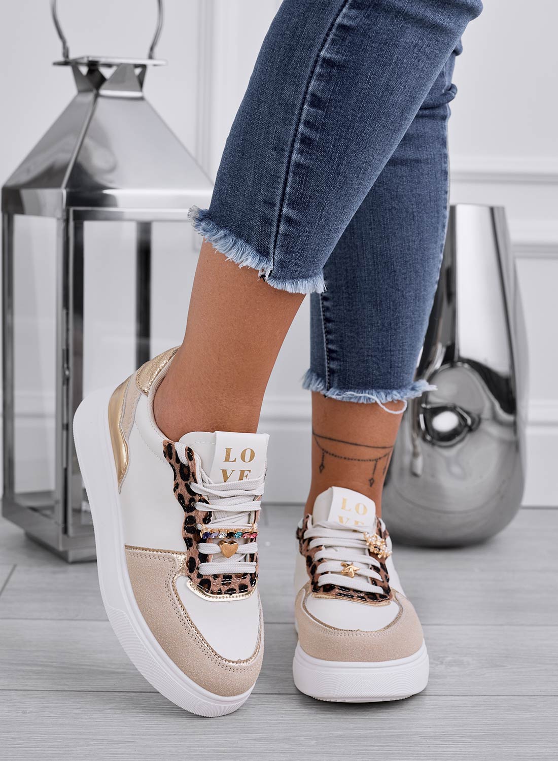 LAUREL - White sneakers with animal print inserts and jeweled embellishments