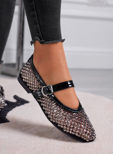 LAVINIA - Ballerine nere con strass e cinturino regolabile
