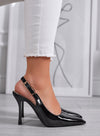 ADRIA - Décolleté slingback nere a punta in vernice con tacco a spillo