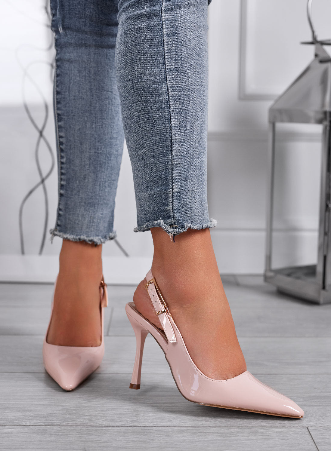ADRIA - Nude patent pointed slingback pumps with stiletto heel