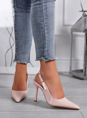 ADRIA - Nude patent pointed slingback pumps with stiletto heel
