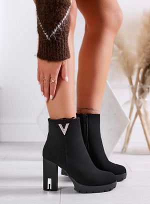 LEANDRA - Black ankle boots with silver V jewel embellishment