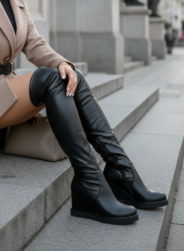 LESLIE - Black over-the-knee wedge boots
